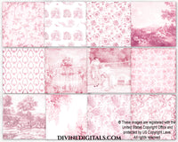 Antique Pink Toile Florals Damask Chinoiseries Scrapbooking Journaling 12 x 12 Backgrounds Digital Paper Printable
