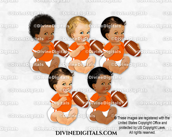 Football Player Orange White Jersey Diaper Sitting Baby Boy