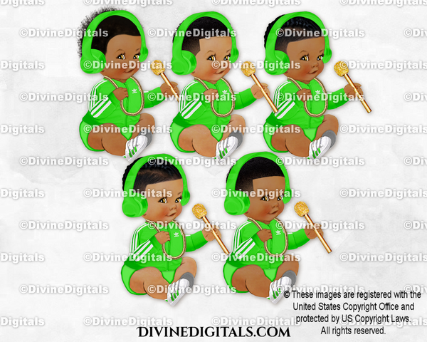 Hip Hop Lime Green & Gold Sneakers Headphones Mic Baby Boy Babies of Color