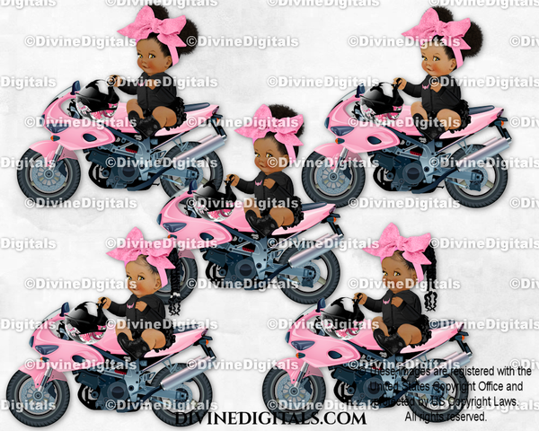 Sitting on Motorcycle Helmet Boots Black Pink Big Bow Biker Baby Girl Babies of Color