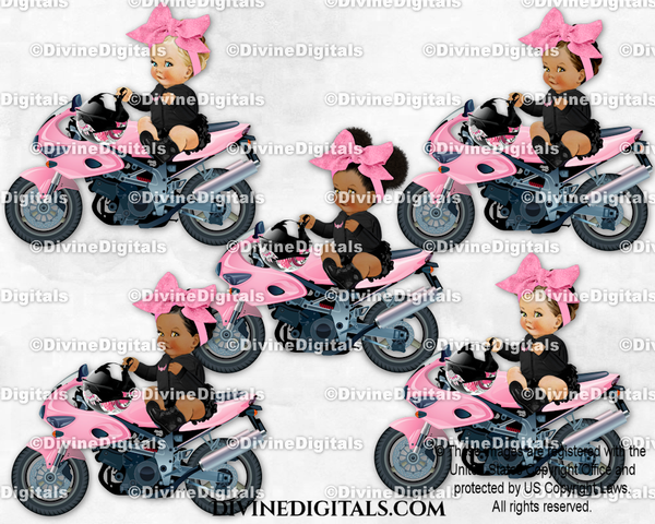 Sitting on Motorcycle Helmet Boots Black Pink Big Bow Biker Baby Girl