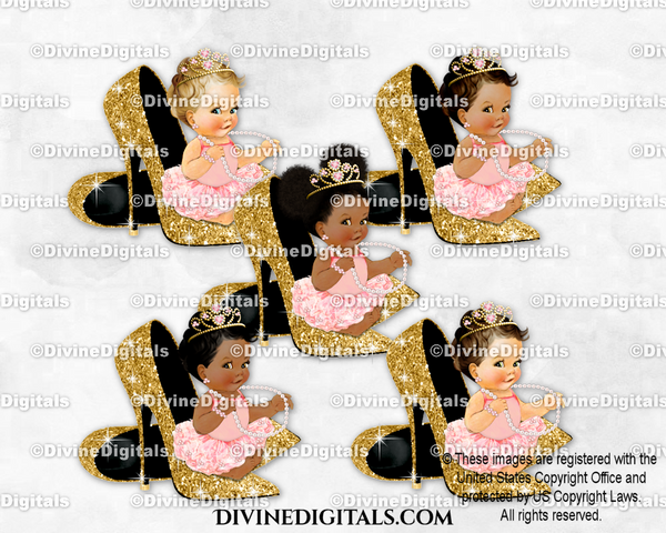 Princess Pink Sitting on Gold Glitter High Heels Shoes Baby Girl