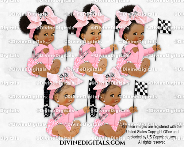Racing Flag Big Bow Pink Black White Sitting Baby Girl Babies of Color
