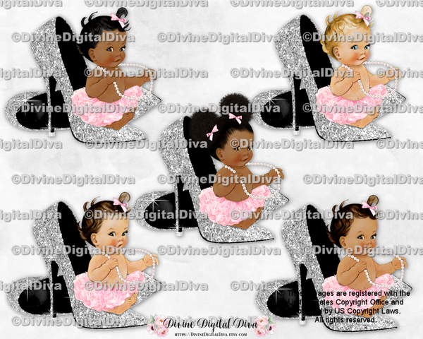 Princess Pink Sitting on Silver Glitter High Heels Shoes Baby Girl