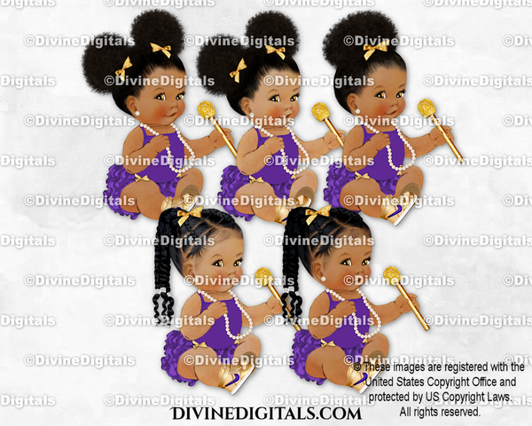 Hip Hop Music Mic Purple Gold Sneakers Pearls Sitting Baby Girl Babies of Color