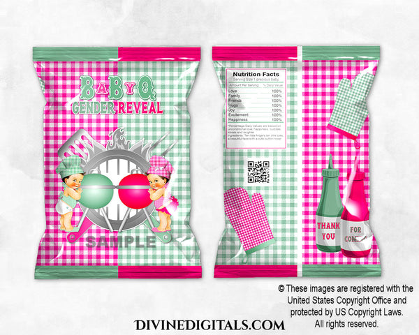 Little Chef Chip Bag Wrapper BabyQ Green Hot Pink BBQ Gender Reveal | Boy Girl LIGHT