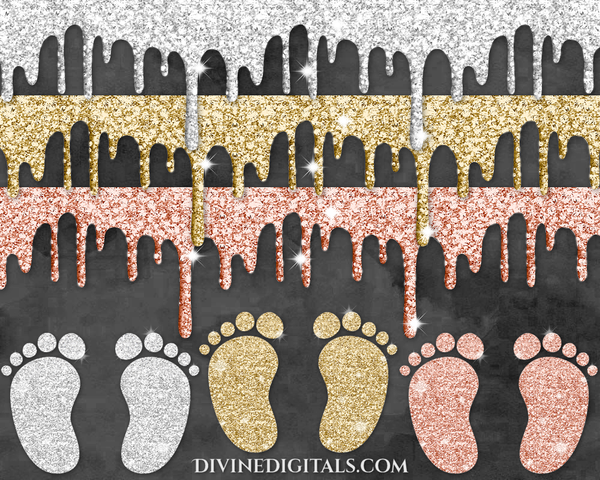 Glitter Baby Feet & Paint Drips Rose Gold Silver Gold Clipart Digital Download