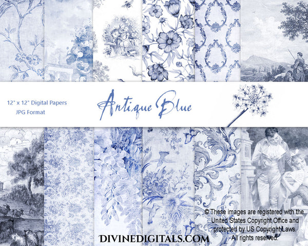Antique Blue Toile Florals Damask Chinoiseries Scrapbooking Journaling 12 x 12 Backgrounds Digital Paper Printable