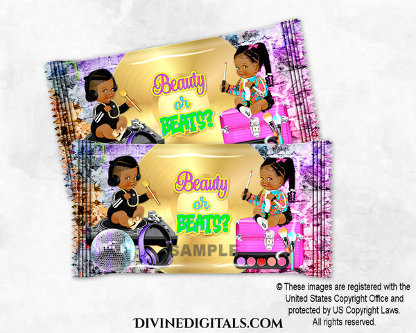 Printable Krispie Bar Wrapper Beauty Beats DJ Sitting Baby Boy Girl DARK Braids