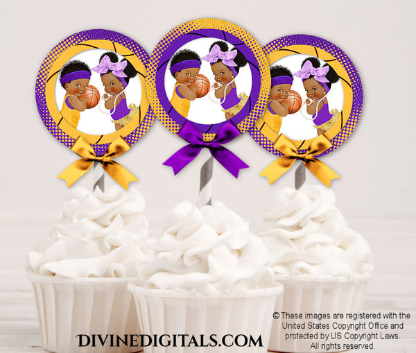 Free Throws or Bows Cupcake Toppers Labels Purple Gold Baby Boy Girl Dark Tone Puffs
