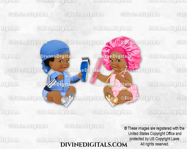 Durags or Bonnets? Stylist Barber Blue Clippers Pink Gold Comb Sitting Baby Boy Girl Dark Tone