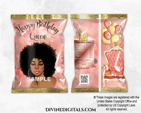 Chip Bag Happy Birthday Queen African American Woman Rose Gold