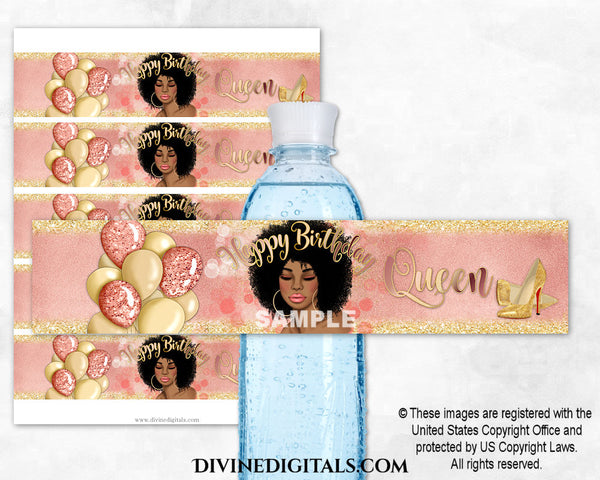 Water Bottle Label Happy Birthday Queen African American Woman Rose Gold