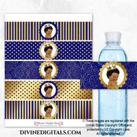 Little Prince Royal Blue Gold Crown Printable Water Bottle Labels Baby Boy DARK Curly Hair