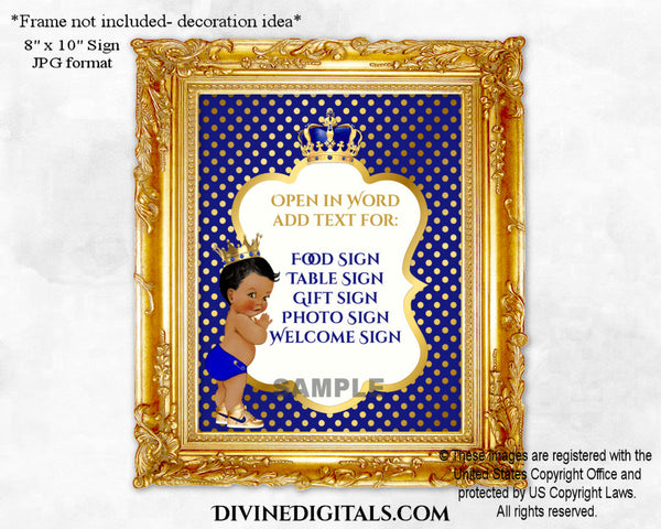 Little Prince Royal Blue & Gold Sneakers Gold Crown Blank Sign Welcome Gift Table 8 x 10 Baby Boy DARK