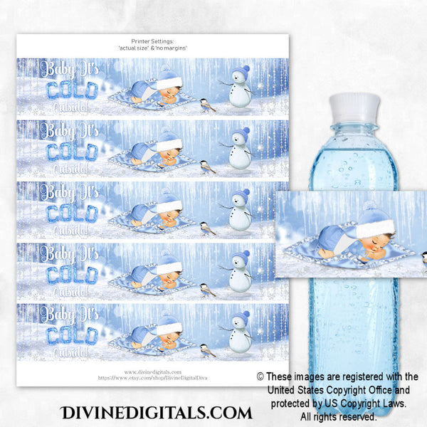 Baby It's Cold Outside Winter Blue Printable Water Bottle Labels Boy LIGHT