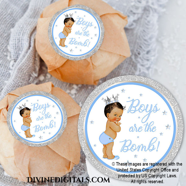Boys are the Bomb! Bath Bomb Labels 3" Circles Blue Silver Printable Water Bottle Labels Baby MEDIUM