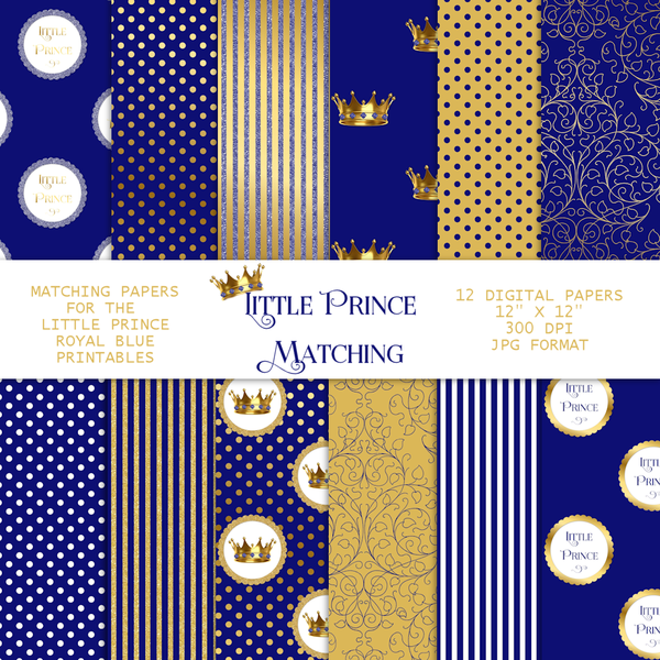 Little Prince Royal Blue Gold Glitter Dot Stripe Crown Digital Scrap Paper Pack