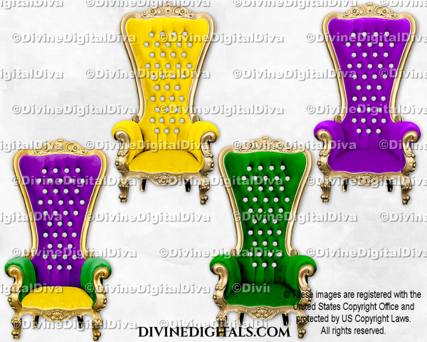 Mardi Gras Royal Throne Velvet High Back Chair Gold Purple Green Yellow Clipart Digital Instant Download