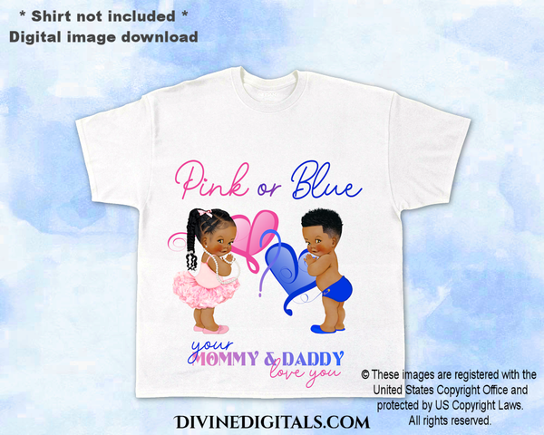 Pink or Blue? Mommy & Daddy Love You Gender Reveal Baby Boy Girl DARK Braids