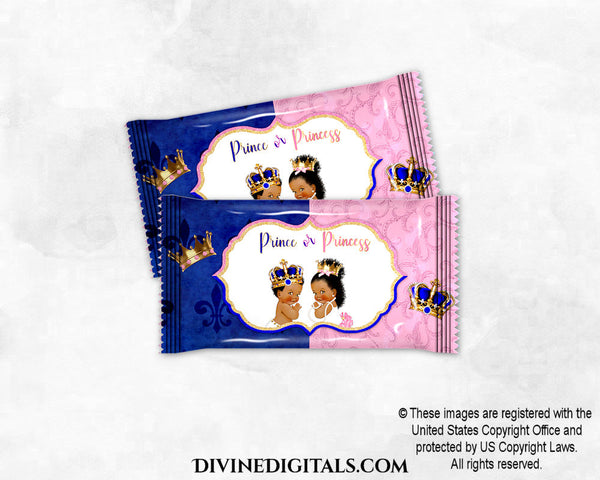 Rice Krispie Treat Wrappers Gender Reveal Prince & Princess Royal Blue Pink Gold & White Baby Boy Girl DARK Tone