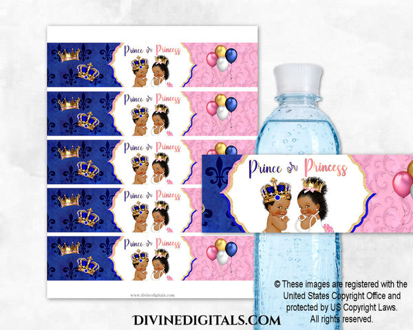 Water Bottle Labels Gender Reveal Prince & Princess Royal Blue Pink Gold & White Baby Boy Girl DARK Tone
