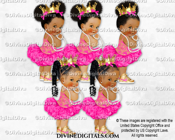 Princess Ballerina Hot Pink Tutu Gold Crown Pearls Sneakers Baby Girl Babies of Color