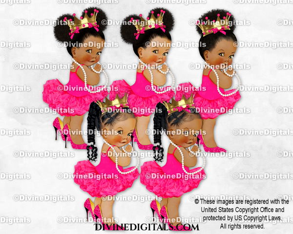 Ballerina Hot Pink Tutu High Heels Gold Crown Baby Girl Babies of Color