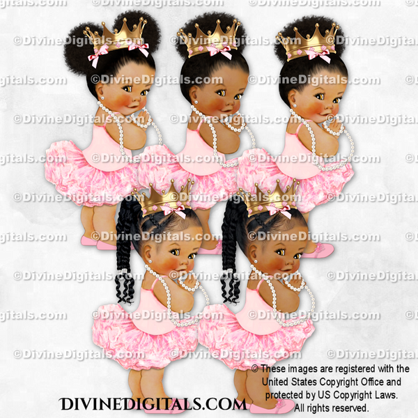 Princess Ballerina Pink Tutu Gold Crown Pearls Baby Girl Babies of Color