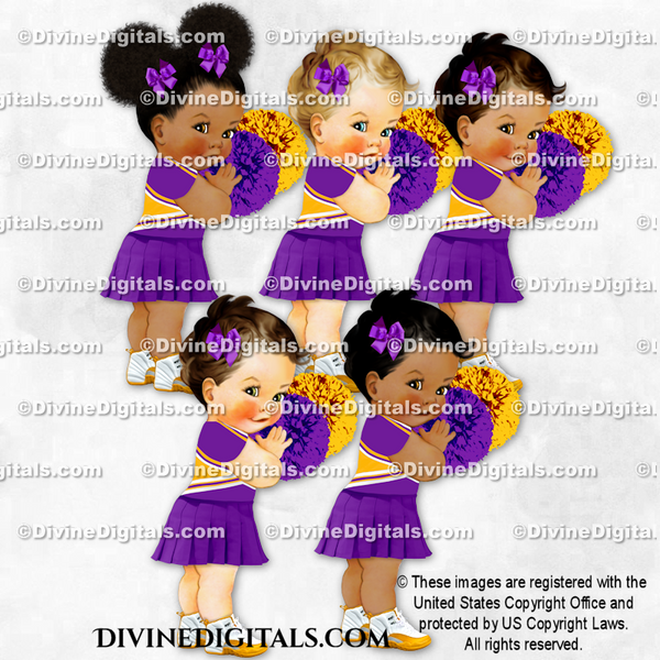 Cheerleader Uniform Purple Gold Skirt Sneakers Pom Poms Bows Baby Girl