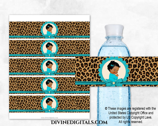 Printable Water Bottle Label Turquoise & Leopard Cheetah | Baby Girl DARK