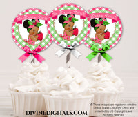 Cupcake Topper Circles Tag Label Strawberry Pink Green Gingham Baby Girl DARK Puffs
