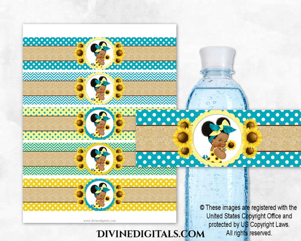 Printable Water Bottle Label Sunflower Yellow & Turquoise Baby Girl DARK Puffs