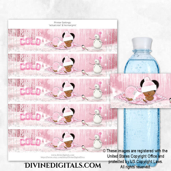 Baby It's Cold Outside Winter Pink Printable Water Bottle Labels Girl DARK Puffs