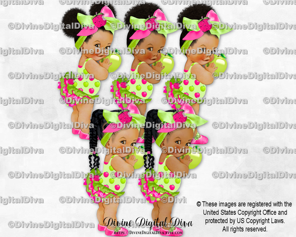 Apple Fruit Theme Hot Pink & Green Big Bow Baby Girl Babies of Color