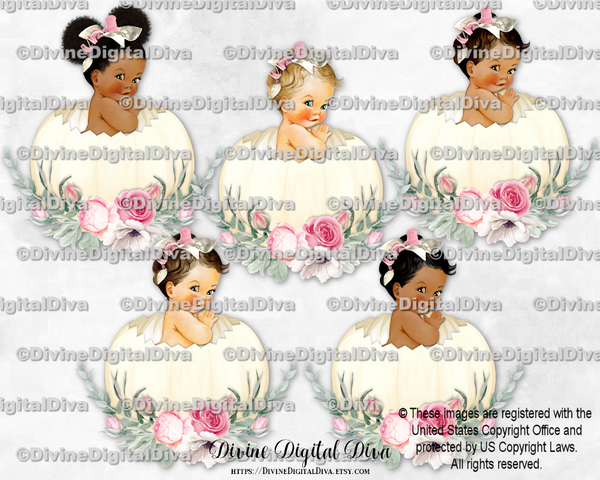 Pumpkin Patch Ivory Pink Sitting in a Pumpkin Floral Baby Girl