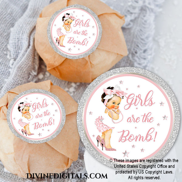 Girls are the Bomb! Bath Bomb Labels 3" Circles Pink Silver Printable Water Bottle Labels Baby Girl LIGHT