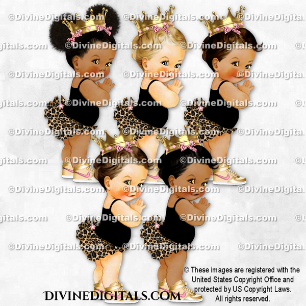 Princess Leopard Cheetah Pink Bows Gold Crown Sneakers Baby Girl Clipart
