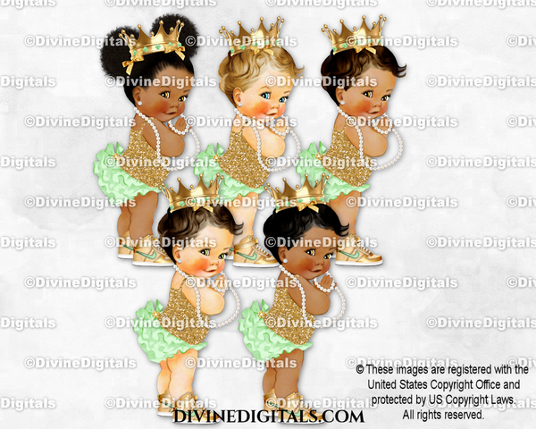 Princess Mint Green Gold Sneakers Pearls Crown Baby Girl