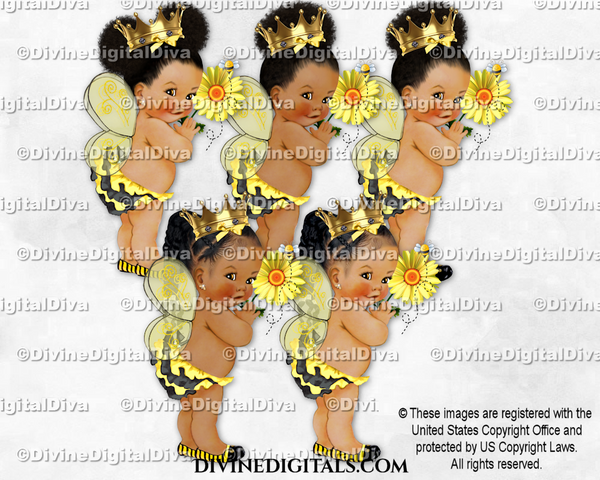 Queen Bee Yellow Black Wings Flower Gold Crown Baby Girl Babies of Color