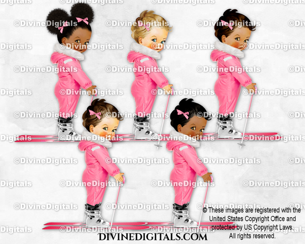Skiing Baby Pink Snowsuit Skis Pole Boots Baby Girl
