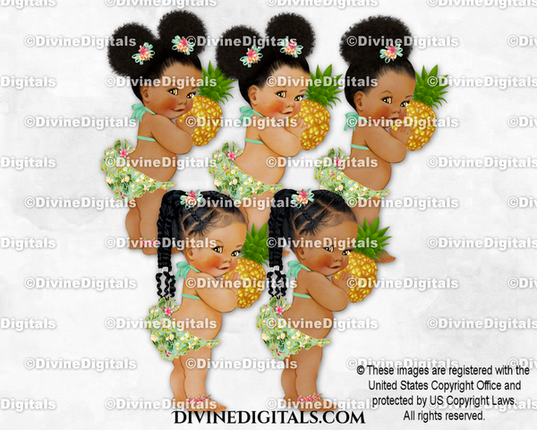 Tropical Bikini Luau Green Floral Holding Pineapple Baby Girl Babies of Color