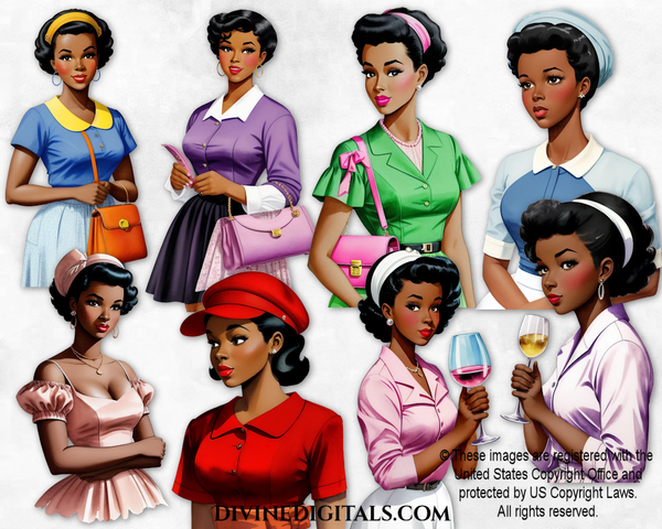 Retro Housewives 1950's Women Fashion Hat Purse Wine Ladies of Color Clipart Digital Images Instant Download