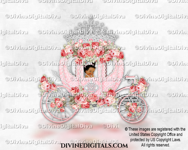 Roses Cinderella Carriage Coach Pink Red Silver Diamond Crown Tiara Baby Girl DARK Puffs