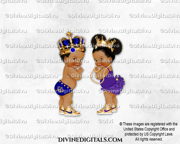 Prince & Princess Royal Blue Purple Gold Sneakers Crown Baby Boy Girl DARK Puffs
