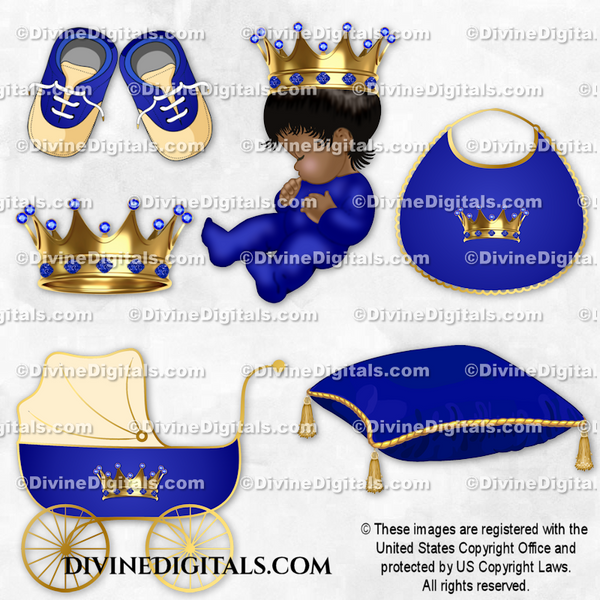 Sleeping Prince Royal Blue  Gold Crown Carriage Pillow Bib Shoes Baby Boy DARK