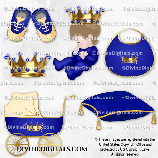 Sleeping Prince Royal Blue  Gold Crown Carriage Pillow Bib Shoes Baby Boy LIGHT