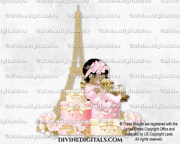 Paris Vignette Cherry Blossoms Eiffel Tower Gift Boxes Pink Gold Baby Girl Medium Tone