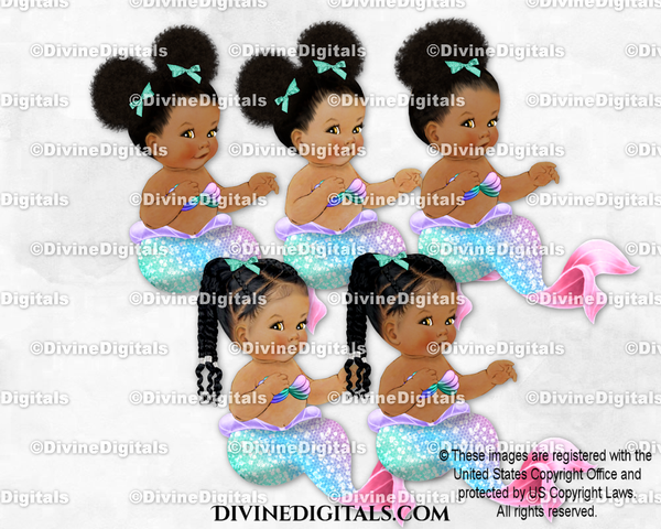 Sitting Mermaid Seafoam Green Lavender Pink Baby Girl Babies of Color