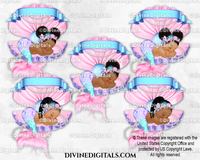 Sleeping Mermaid in Clamshell Pearls Pink Lavender Turquoise Blank Banner Baby Girl Babies of Color